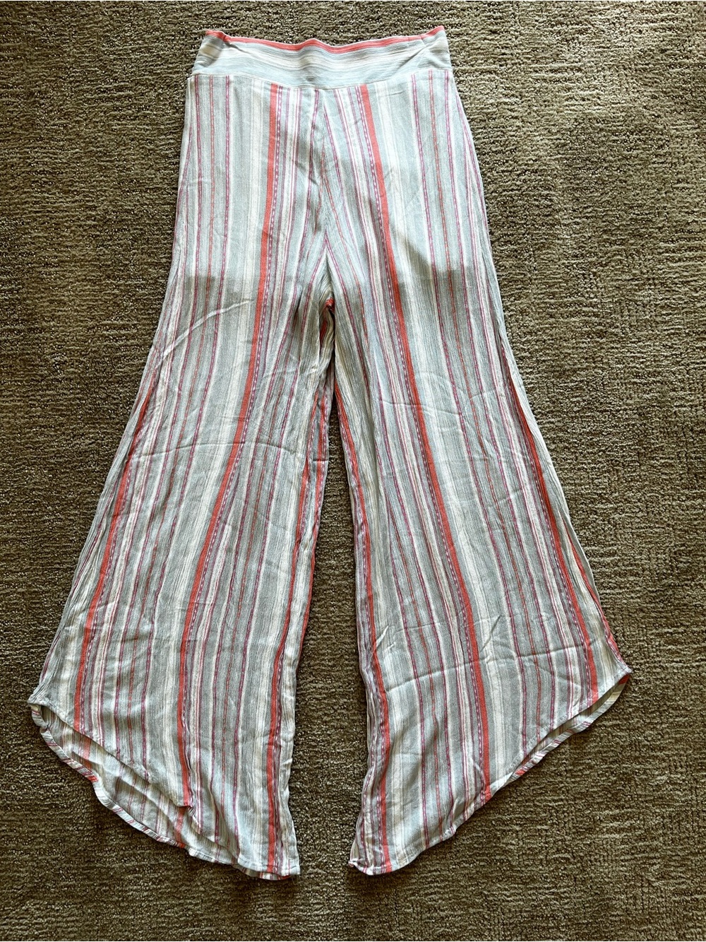 Striped Wide-Leg asymmetrical flowy bohemian Pants in Cream and Coral